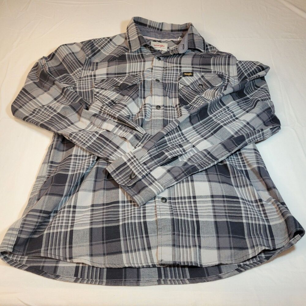 Wrangler M Plaid Flannel Snap Western Shirt Mens Grey Black Cotton Blend Outdoor